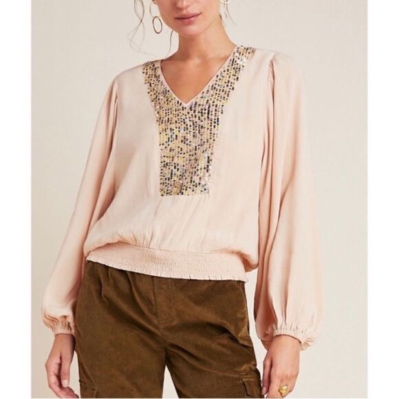 Mauve NEW peach colored V neck top w multicolored sequin accent & banded waist-M - Picture 1 of 9